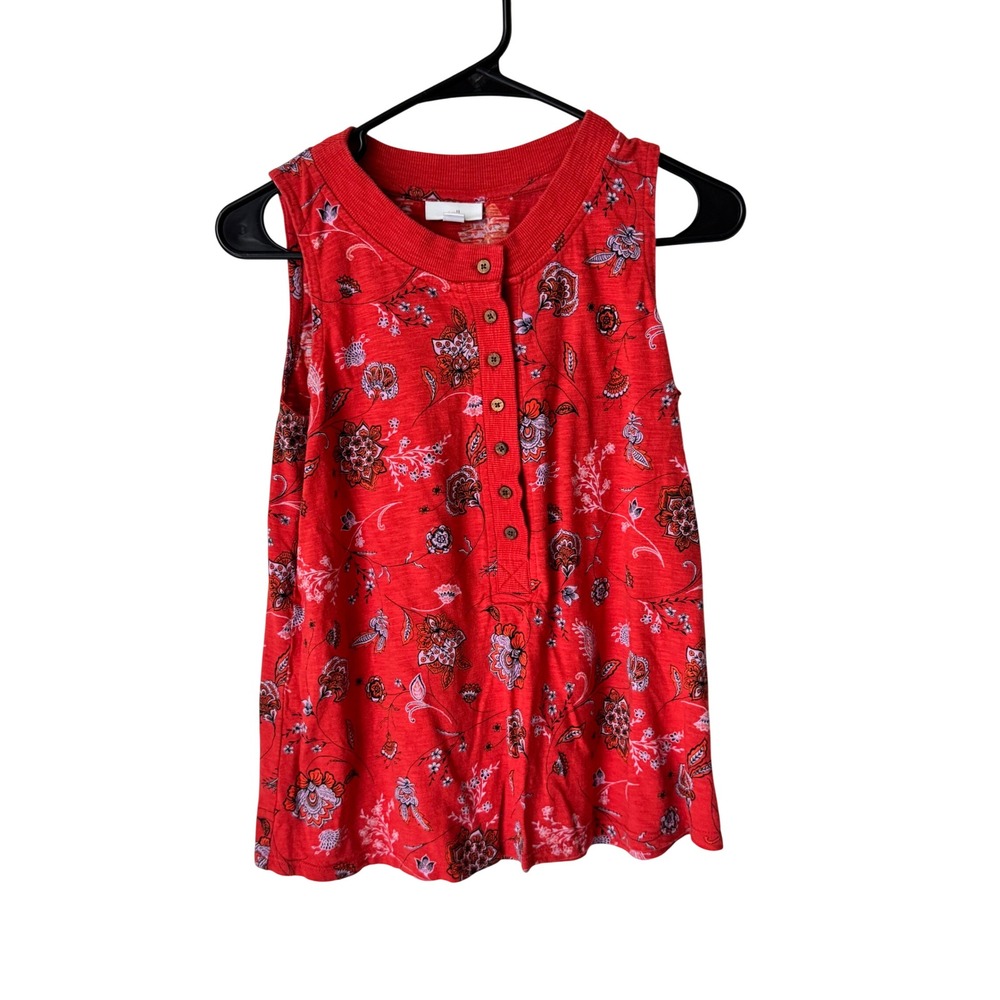 J. Jill Red Floral Cotton Tencel Modal Sleeveless Henley Top XS